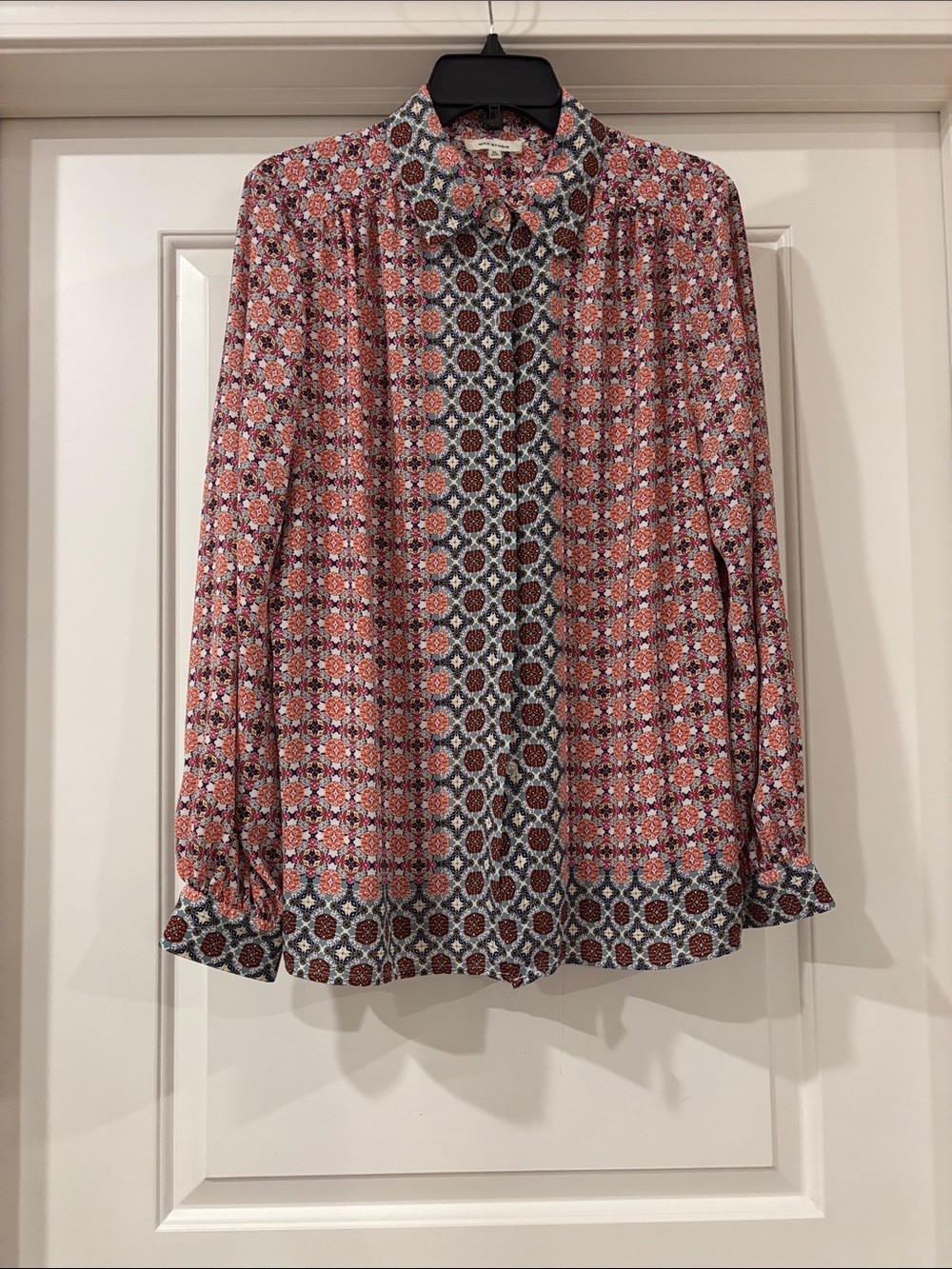 Max Studio Coral and Navy Printed High-Neck Blouse